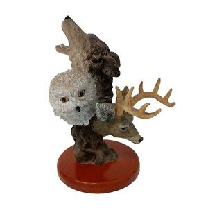 Vintage Deer Wolf Owl Sculpture Figurine Resin On Wood Stand Display Decor Rare